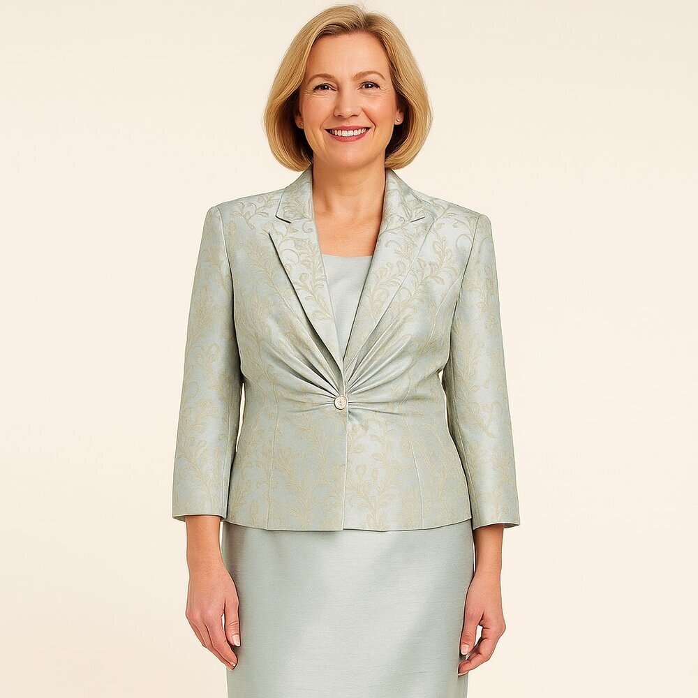 Jessica Howard Evenings 2Pc Sage Jacquard Sheath Dress Jacket Set Size 10